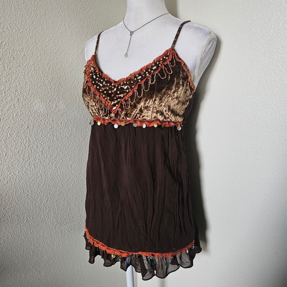 Caramel Fashion Tops - Caramel Fashion Brown Velvet Beaded Coin Babydoll Camisole Top Y2K Boho